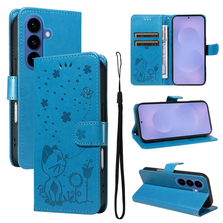 Cat and Bee Embossed Flip Leather Phone Case, For Samsung Galaxy S26+ 5G, For Samsung Galaxy S26 Edge 5G, For Samsung Galaxy S26 Ultra 5G, For Samsung Galaxy S26 5G