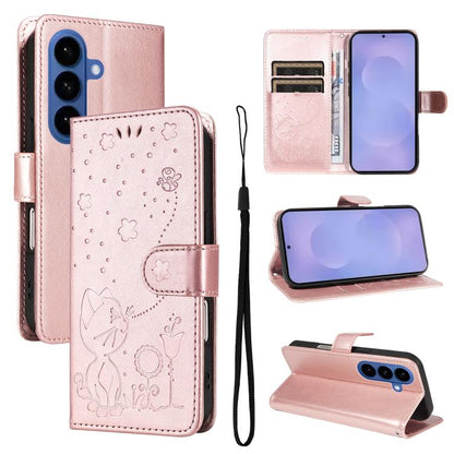 Cat and Bee Embossed Flip Leather Phone Case, For Samsung Galaxy S26+ 5G, For Samsung Galaxy S26 Edge 5G, For Samsung Galaxy S26 Ultra 5G, For Samsung Galaxy S26 5G