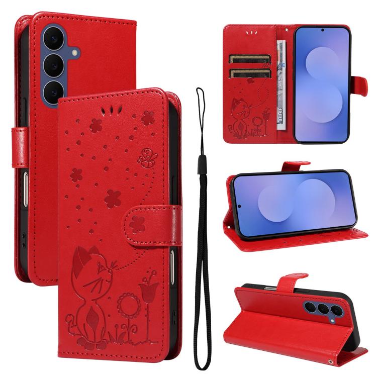 Cat and Bee Embossed Flip Leather Phone Case, For Galaxy S26 FE 5G, For Galaxy S26+ 5G, For Galaxy S26 Edge 5G, For Galaxy S26 Ultra 5G