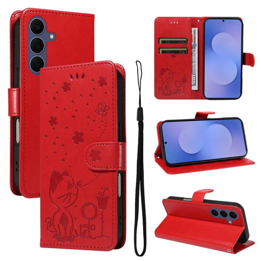 Cat and Bee Embossed Flip Leather Phone Case, For Galaxy S26 FE 5G, For Galaxy S26+ 5G, For Galaxy S26 Edge 5G, For Galaxy S26 Ultra 5G