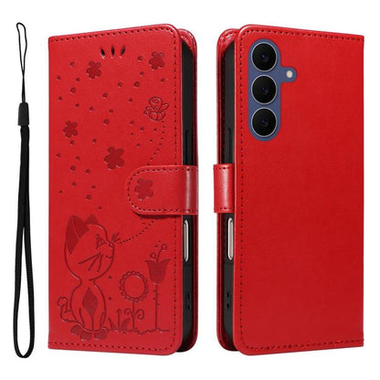 Cat and Bee Embossed Flip Leather Phone Case, For Galaxy S26 FE 5G, For Galaxy S26+ 5G, For Galaxy S26 Edge 5G, For Galaxy S26 Ultra 5G