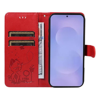 Cat and Bee Embossed Flip Leather Phone Case, For Galaxy S26 FE 5G, For Galaxy S26+ 5G, For Galaxy S26 Edge 5G, For Galaxy S26 Ultra 5G