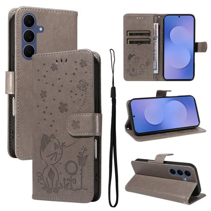 Cat and Bee Embossed Flip Leather Phone Case, For Galaxy S26 FE 5G, For Galaxy S26+ 5G, For Galaxy S26 Edge 5G, For Galaxy S26 Ultra 5G