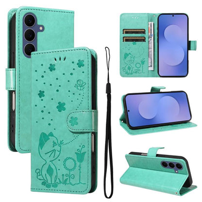 Cat and Bee Embossed Flip Leather Phone Case, For Galaxy S26 FE 5G, For Galaxy S26+ 5G, For Galaxy S26 Edge 5G, For Galaxy S26 Ultra 5G