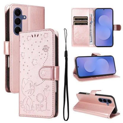 Cat and Bee Embossed Flip Leather Phone Case, For Galaxy S26 FE 5G, For Galaxy S26+ 5G, For Galaxy S26 Edge 5G, For Galaxy S26 Ultra 5G