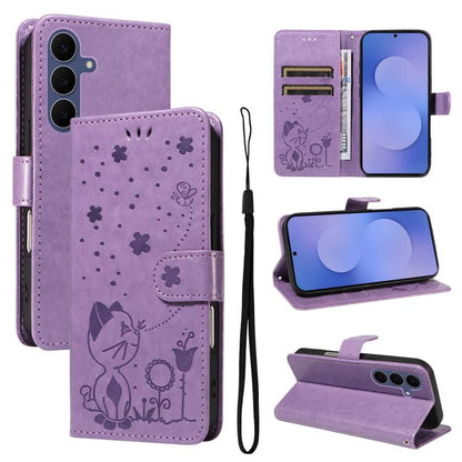 Cat and Bee Embossed Flip Leather Phone Case, For Galaxy S26 FE 5G, For Galaxy S26+ 5G, For Galaxy S26 Edge 5G, For Galaxy S26 Ultra 5G