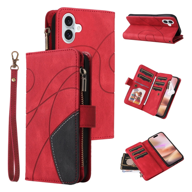 Dual-color 9 Card Slots Zipper Wallet Leather Phone Case, For iPhone Air, For iPhone 16 Pro Max, For iPhone 16 Pro, For iPhone 16 Plus