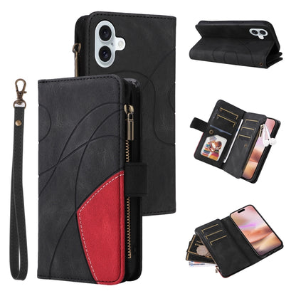 Dual-color 9 Card Slots Zipper Wallet Leather Phone Case, For iPhone Air, For iPhone 16 Pro Max, For iPhone 16 Pro, For iPhone 16 Plus