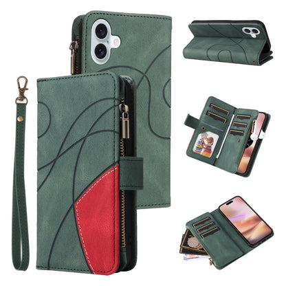 Dual-color 9 Card Slots Zipper Wallet Leather Phone Case, For iPhone Air, For iPhone 16 Pro Max, For iPhone 16 Pro, For iPhone 16 Plus
