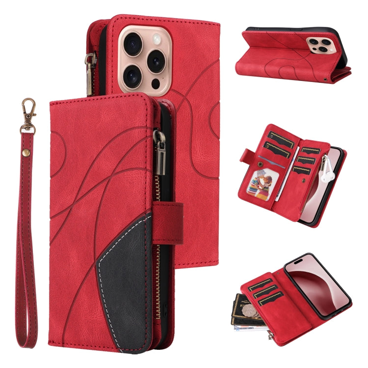 Dual-color 9 Card Slots Zipper Wallet Leather Phone Case, For iPhone Air, For iPhone 16 Pro Max, For iPhone 16 Pro, For iPhone 16 Plus