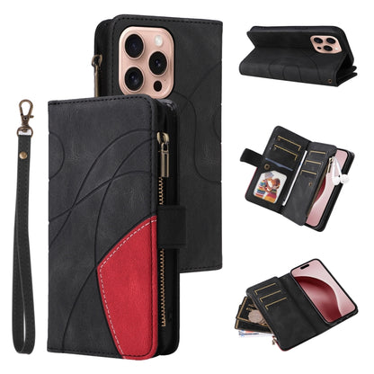 Dual-color 9 Card Slots Zipper Wallet Leather Phone Case, For iPhone Air, For iPhone 16 Pro Max, For iPhone 16 Pro, For iPhone 16 Plus