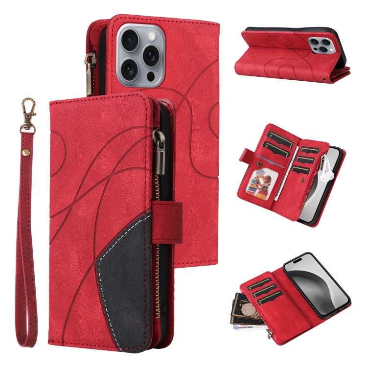 Dual-color 9 Card Slots Zipper Wallet Leather Phone Case, For iPhone Air, For iPhone 16 Pro Max, For iPhone 16 Pro, For iPhone 16 Plus