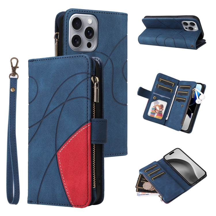 Dual-color 9 Card Slots Zipper Wallet Leather Phone Case, For iPhone Air, For iPhone 16 Pro Max, For iPhone 16 Pro, For iPhone 16 Plus
