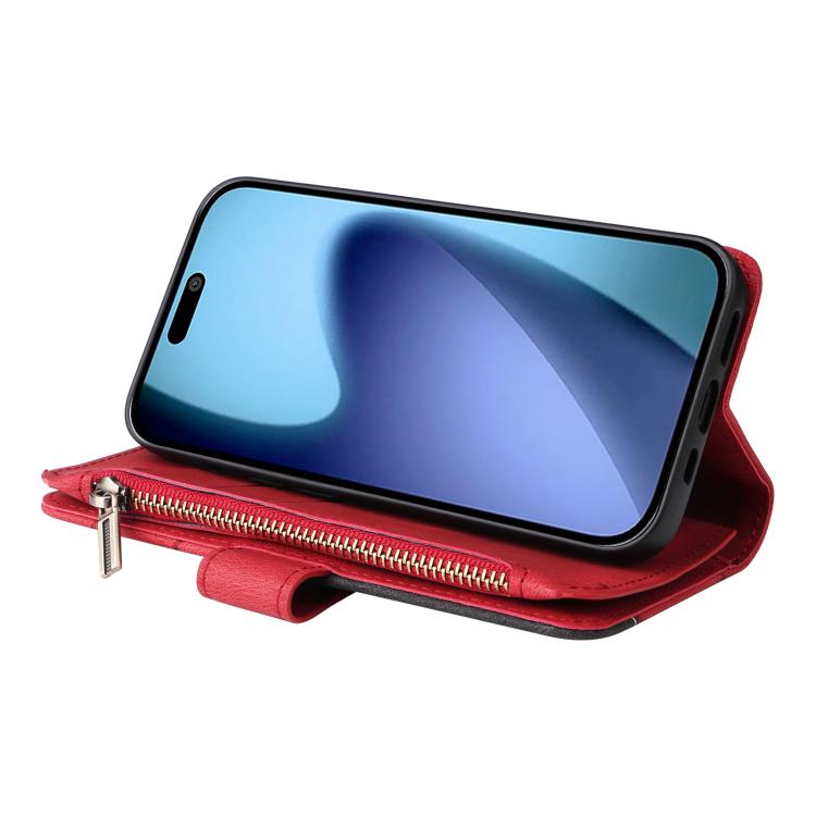 Dual-color 9 Card Slots Zipper Wallet Leather Phone Case, For iPhone Air, For iPhone 16 Pro Max, For iPhone 16 Pro, For iPhone 16 Plus