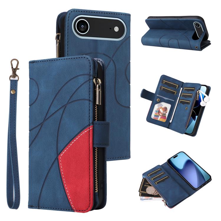 Dual-color 9 Card Slots Zipper Wallet Leather Phone Case, For iPhone Air, For iPhone 16 Pro Max, For iPhone 16 Pro, For iPhone 16 Plus