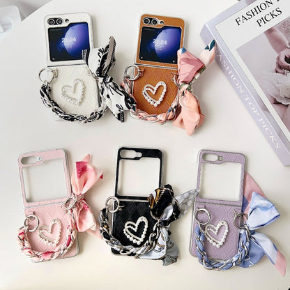 Diamond Square 3D Heart Pattern Full Coverage Phone Case with Scarf / Bracelet, For Samsung Galaxy Z Flip6 / Flip7 FE, For Samsung Galaxy Z Fold5, For Samsung Galaxy Z Flip5, For Samsung Galaxy Z Fold4