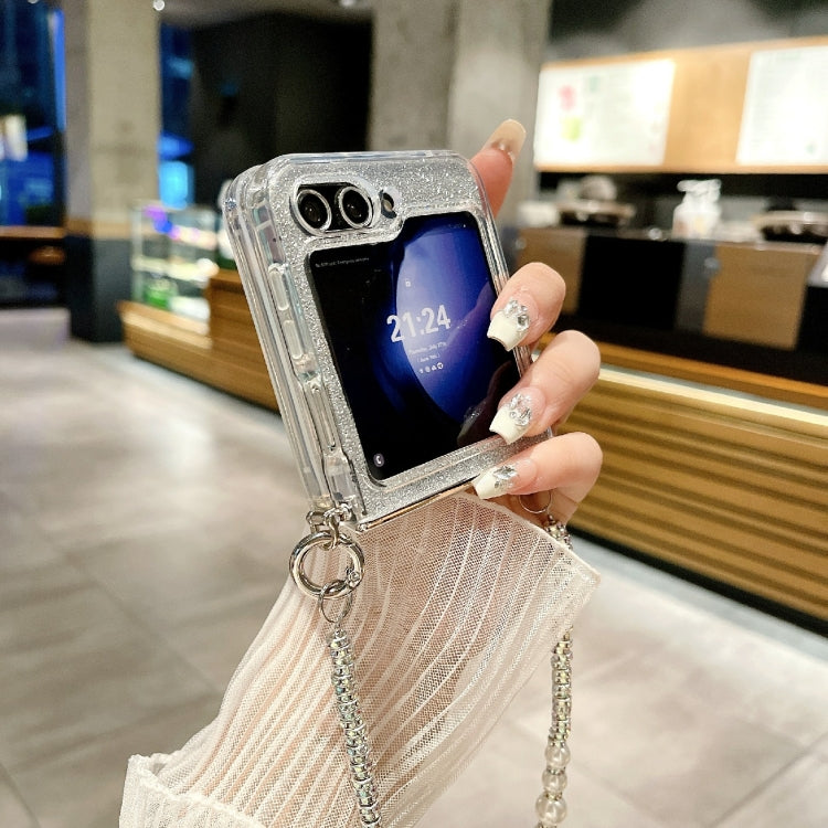 Glitter Powder PC Side Buckle Full Coverage Shockproof Phone Case with Pearl Bracelet, For Samsung Galaxy Z Flip6 / Flip7 FE, For Samsung Galaxy Z Flip5 5G, For Samsung Galaxy Z Flip4, For Samsung Galaxy Z Flip3 5G
