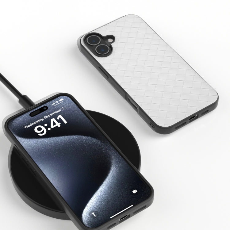 Black Frame Woven Texture PU Phone Case, For iPhone 16 Plus, For iPhone 16