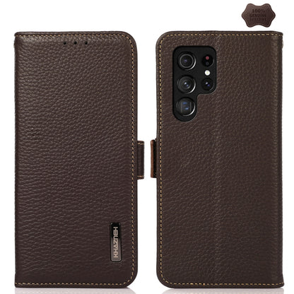 KHAZNEH Side-Magnetic Litchi Genuine Leather RFID Phone Case, For Samsung Galaxy S25 FE 5G, For Samsung Galaxy S25 Edge 5G, For Samsung Galaxy S25 Ultra 5G, For Samsung Galaxy S24 FE 5G