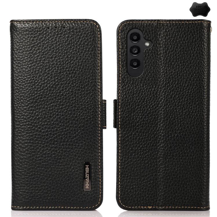 KHAZNEH Side-Magnetic Litchi Genuine Leather RFID Phone Case, For Galaxy S26 FE 5G, For Samsung Galaxy S26+ 5G, For Samsung Galaxy S26 Edge 5G, For Samsung Galaxy S26 Ultra 5G, For Samsung Galaxy S26 5G, For Samsung Galaxy S25 FE 5G