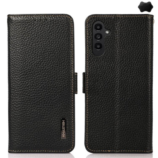 KHAZNEH Side-Magnetic Litchi Genuine Leather RFID Phone Case, For Galaxy S26 FE 5G, For Samsung Galaxy S26+ 5G, For Samsung Galaxy S26 Edge 5G, For Samsung Galaxy S26 Ultra 5G, For Samsung Galaxy S26 5G, For Samsung Galaxy S25 FE 5G