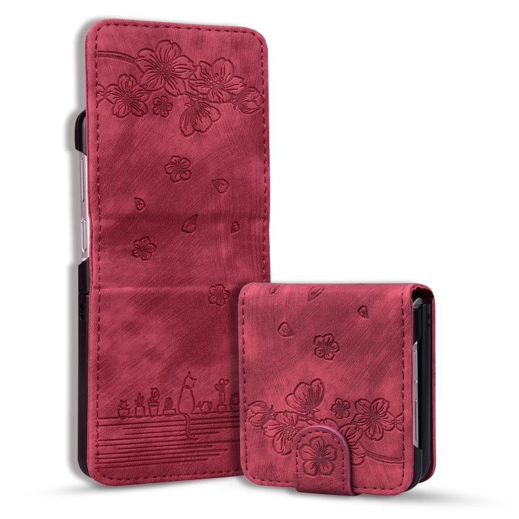 Cartoon Sakura Cat Embossed Leather Phone Case