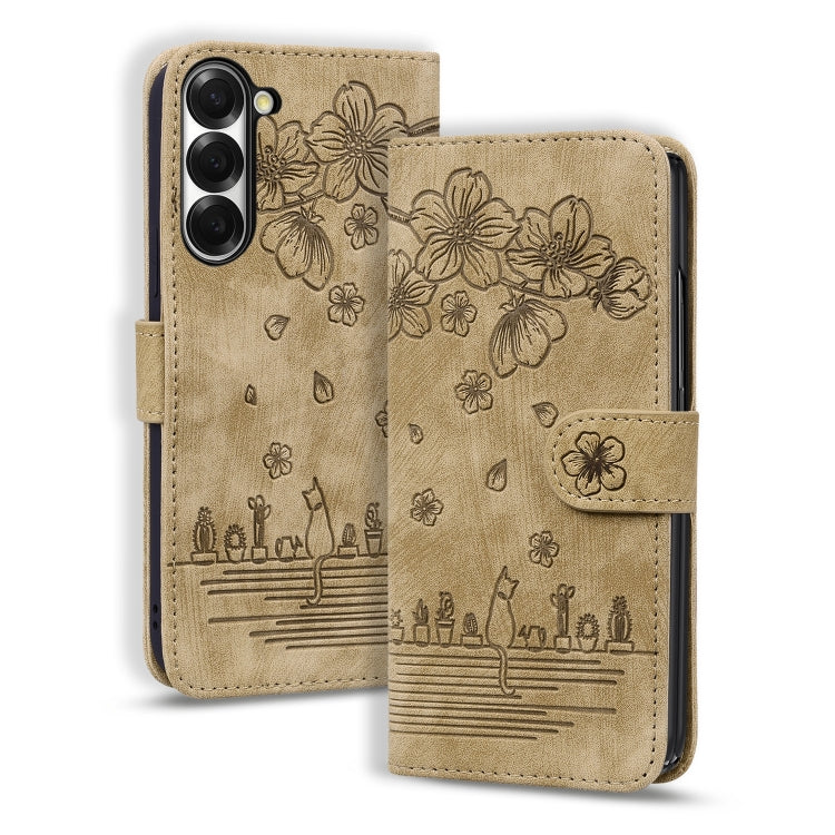 Cartoon Sakura Cat Embossed Leather Phone Case