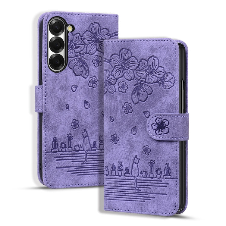 Cartoon Sakura Cat Embossed Leather Phone Case