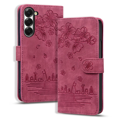 Cartoon Sakura Cat Embossed Leather Phone Case