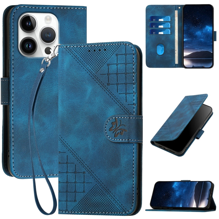 YX0080 Grid Butterfly Embossed Pattern Flip Leather Phone Case with Lanyard, For iPhone Air, For iPhone 16 Pro Max, For iPhone 16 Pro, For iPhone 16 Plus