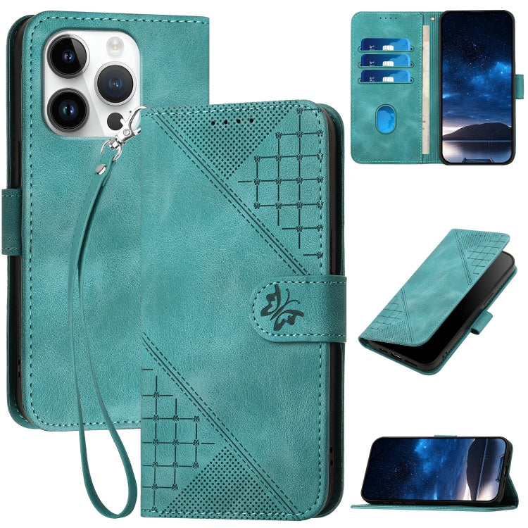 YX0080 Grid Butterfly Embossed Pattern Flip Leather Phone Case with Lanyard, For iPhone Air, For iPhone 16 Pro Max, For iPhone 16 Pro, For iPhone 16 Plus