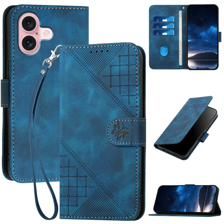 YX0080 Grid Butterfly Embossed Pattern Flip Leather Phone Case with Lanyard, For iPhone 16, For iPhone 15 Pro Max, For iPhone 15 Pro, For iPhone 15 Plus