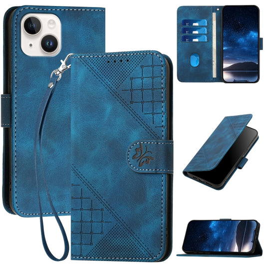YX0080 Grid Butterfly Embossed Pattern Flip Leather Phone Case with Lanyard