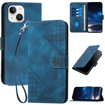 YX0080 Grid Butterfly Embossed Pattern Flip Leather Phone Case with Lanyard, For iPhone 15, For iPhone 14 Plus, For iPhone 14, For iPhone 14 Pro