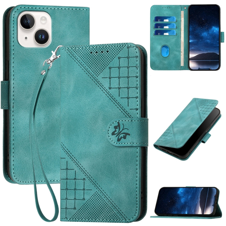 YX0080 Grid Butterfly Embossed Pattern Flip Leather Phone Case with Lanyard, For iPhone 15, For iPhone 14 Plus, For iPhone 14, For iPhone 14 Pro
