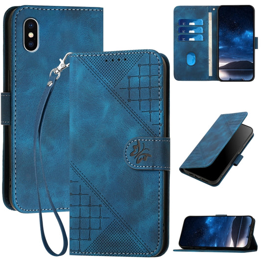 YX0080 Grid Butterfly Embossed Pattern Flip Leather Phone Case with Lanyard