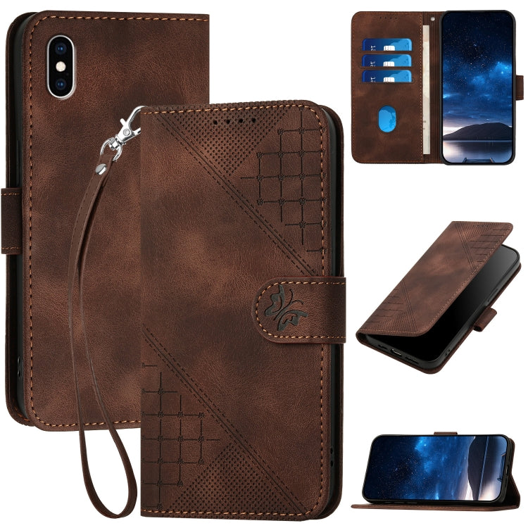 YX0080 Grid Butterfly Embossed Pattern Flip Leather Phone Case with Lanyard, For iPhone XS / X, For iPhone XR, For iPhone XS Max, For iPhone 8 Plus / 7 Plus