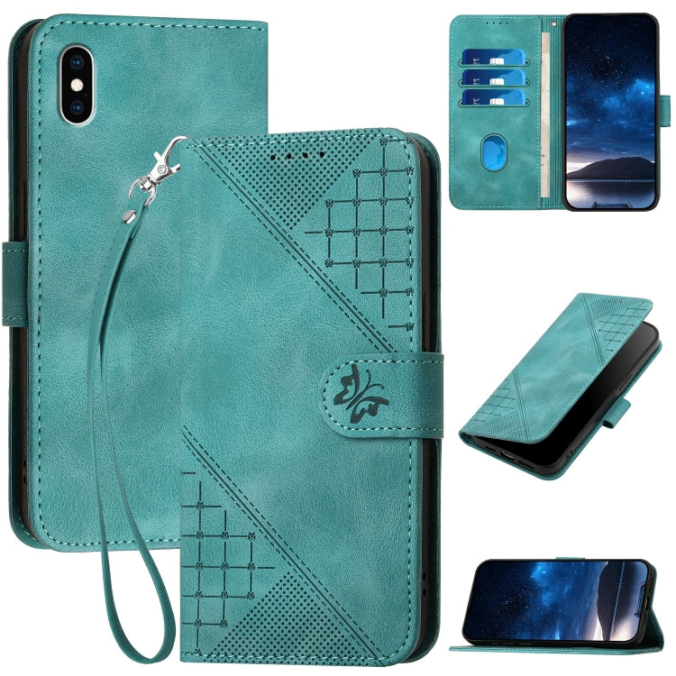 YX0080 Grid Butterfly Embossed Pattern Flip Leather Phone Case with Lanyard, For iPhone XS / X, For iPhone XR, For iPhone XS Max, For iPhone 8 Plus / 7 Plus