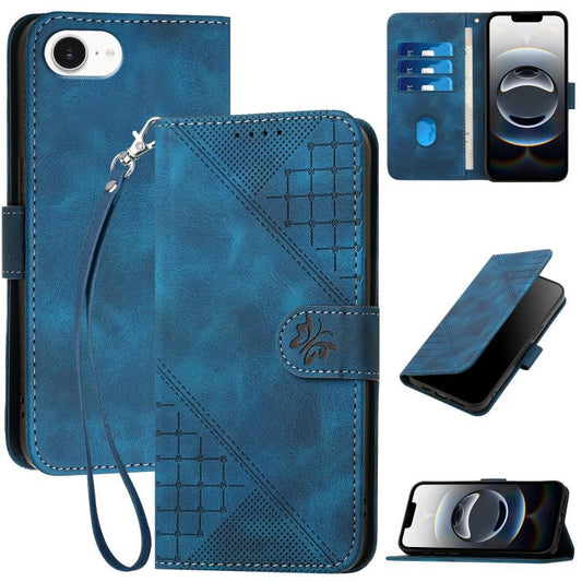 YX0080 Grid Butterfly Embossed Pattern Flip Leather Phone Case with Lanyard