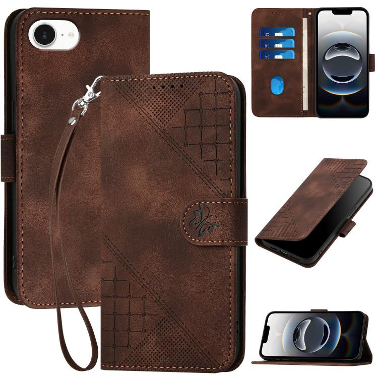 YX0080 Grid Butterfly Embossed Pattern Flip Leather Phone Case with Lanyard, iPhone 16e, For iPhone 16 Pro Max, For iPhone 16 Pro, For iPhone 16 Plus