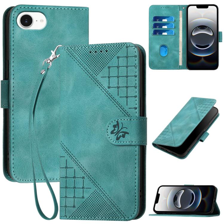 YX0080 Grid Butterfly Embossed Pattern Flip Leather Phone Case with Lanyard, iPhone 16e, For iPhone 16 Pro Max, For iPhone 16 Pro, For iPhone 16 Plus