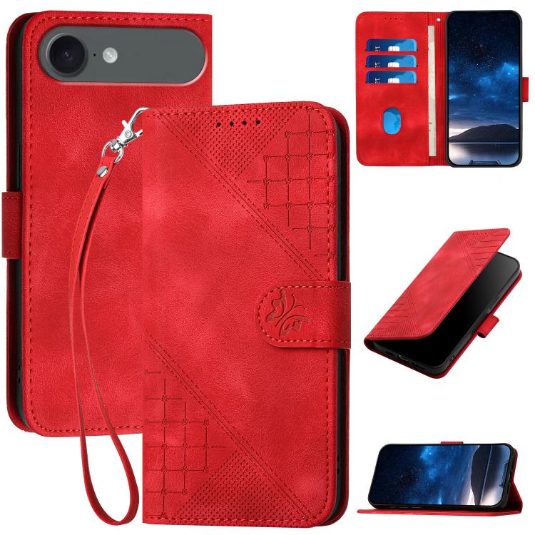 YX0080 Grid Butterfly Embossed Pattern Flip Leather Phone Case with Lanyard, For iPhone Air, For iPhone 16 Pro Max, For iPhone 16 Pro, For iPhone 16 Plus