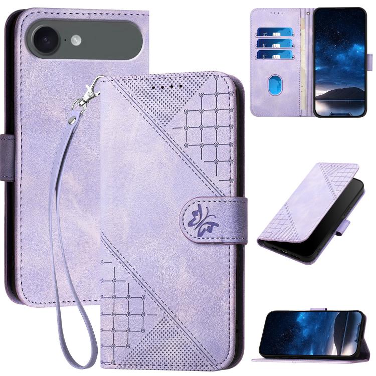 YX0080 Grid Butterfly Embossed Pattern Flip Leather Phone Case with Lanyard, For iPhone Air, For iPhone 16 Pro Max, For iPhone 16 Pro, For iPhone 16 Plus