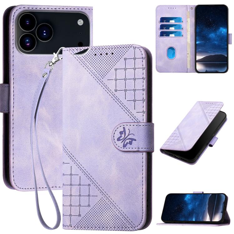 YX0080 Grid Butterfly Embossed Pattern Flip Leather Phone Case with Lanyard, For iPhone 17e / 16e, For iPhone 17 Pro Max, For iPhone 17 Pro, For iPhone 17
