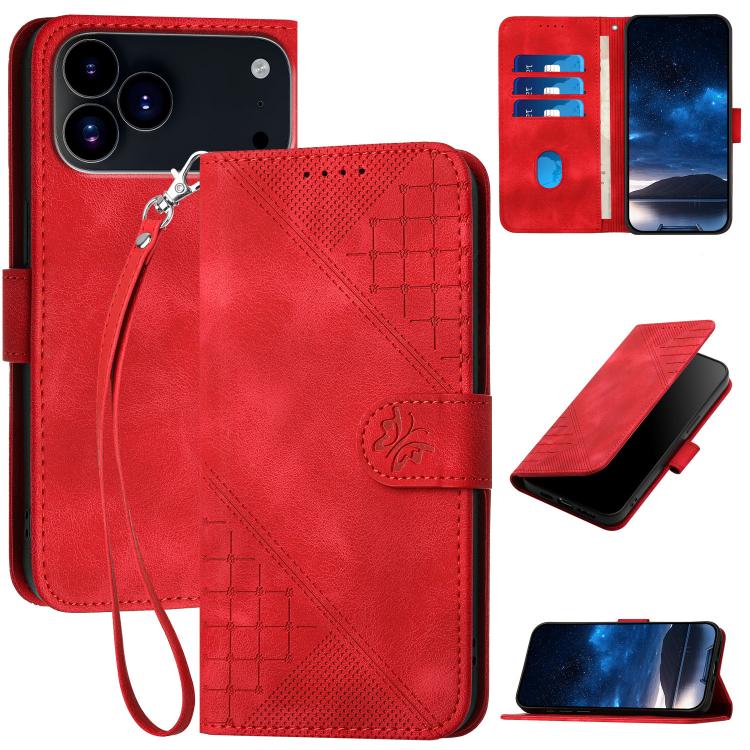 YX0080 Grid Butterfly Embossed Pattern Flip Leather Phone Case with Lanyard, For iPhone 17 Pro Max, For iPhone 17 Pro, For iPhone 17, For iPhone Air