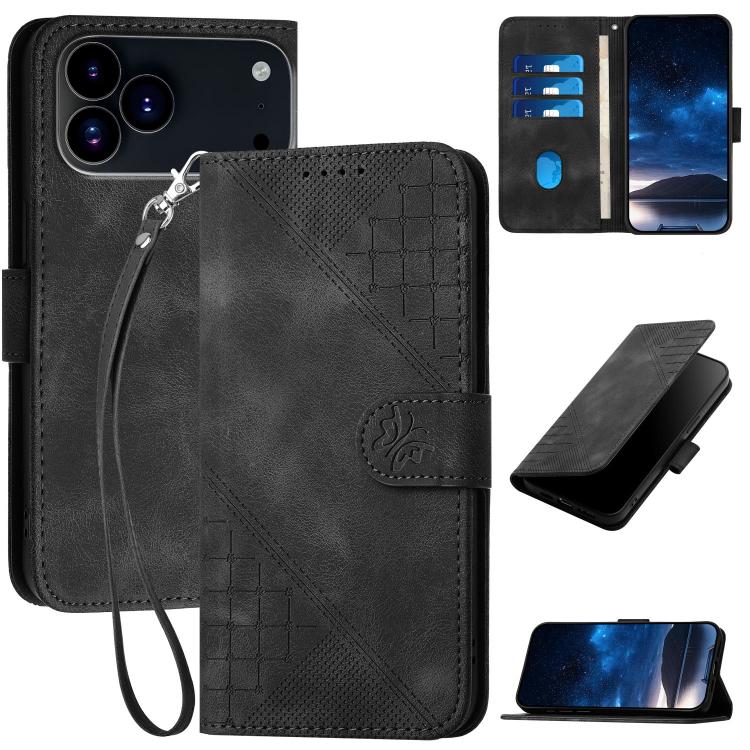 YX0080 Grid Butterfly Embossed Pattern Flip Leather Phone Case with Lanyard, For iPhone 17e / 16e, For iPhone 17 Pro Max, For iPhone 17 Pro, For iPhone 17