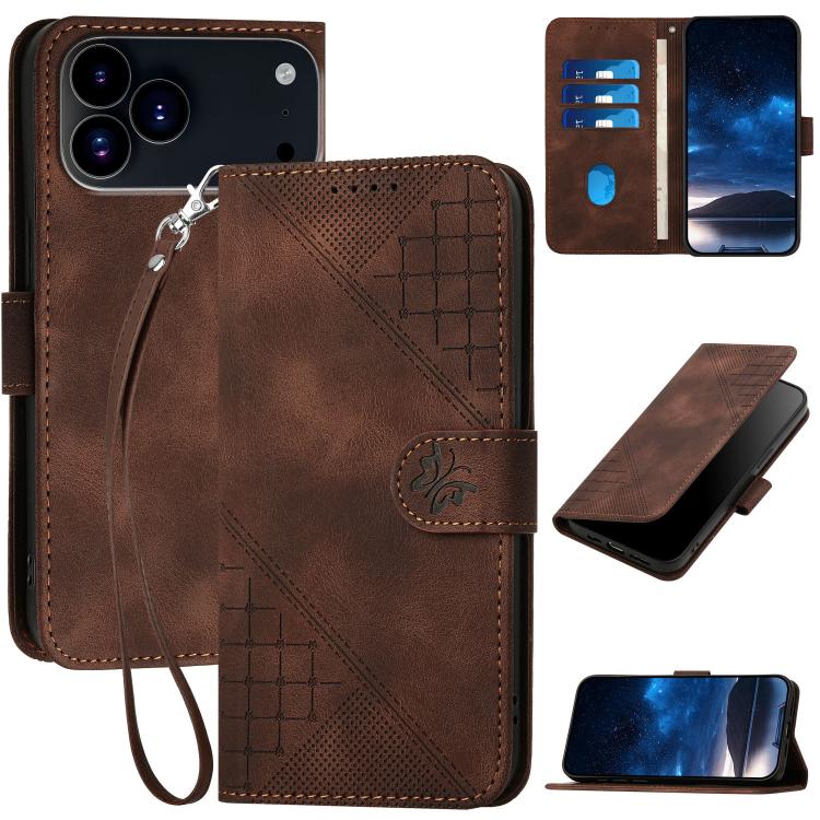 YX0080 Grid Butterfly Embossed Pattern Flip Leather Phone Case with Lanyard, For iPhone 17e / 16e, For iPhone 17 Pro Max, For iPhone 17 Pro, For iPhone 17