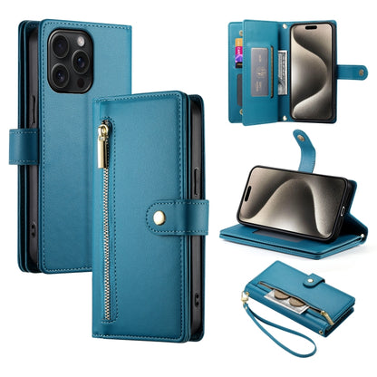 Nine Card-slot Zipper Wallet Bag Leather Phone Case, For iPhone 16, For iPhone 15 Pro Max, For iPhone 15 Pro, For iPhone 15 Plus