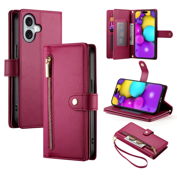 Nine Card-slot Zipper Wallet Bag Leather Phone Case, For iPhone Air, For iPhone 16 Pro Max, For iPhone 16 Pro, For iPhone 16 Plus