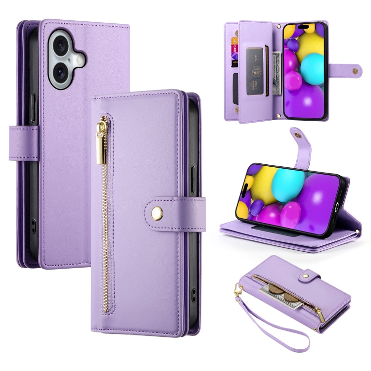 Nine Card-slot Zipper Wallet Bag Leather Phone Case, For iPhone 16e, For iPhone 16 Pro Max, For iPhone 16 Pro, For iPhone 16 Plus